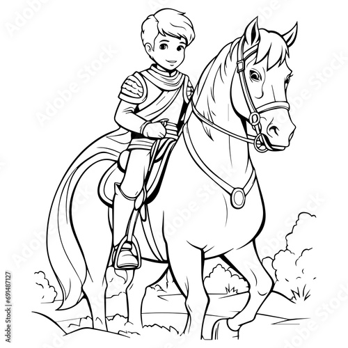 Horse and cute boy rider, isolated on transparent background.