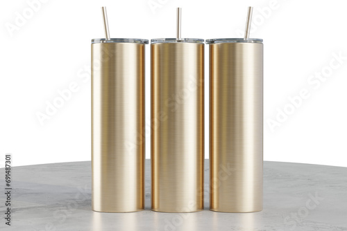 Three gold metal 20 oz skinny tumblers on the table. Straight 20 oz tumbler for sublimation. Thermo mug. 3d rendering photo