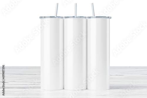 Three white 20 oz skinny tumblers on the table. Straight 20 oz tumbler for sublimation. Thermo mug. 3d rendering