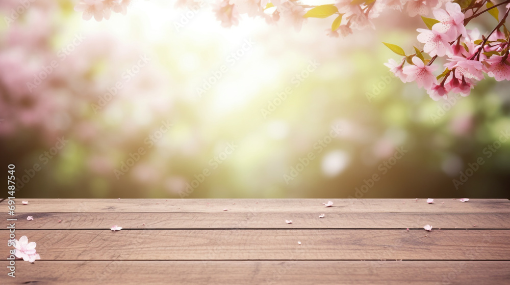 Empty wooden table in Sakura flower Park with garden bokeh background with a country outdoor theme created with Generative Ai Empty wooden table in Sakura flower Park with garden bokeh background with a country outdoor theme created with Generative Ai