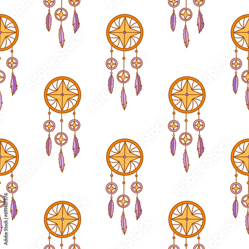 Seamless pattern with dreamcatcher with three purple feathers and yellow stars. Protective amulet against insomnia and nightmares. Colorful vector illustration, ethnic symbol. Hand drawn doodle