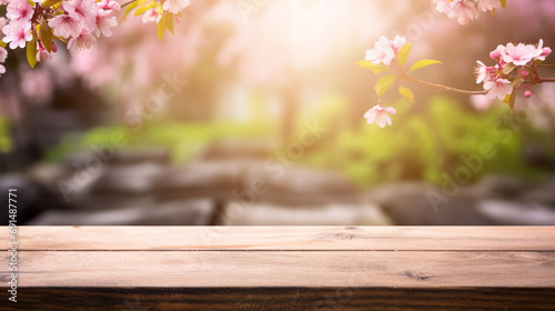 Empty wooden table in Sakura flower Park with garden bokeh background with a country outdoor theme created with Generative Ai