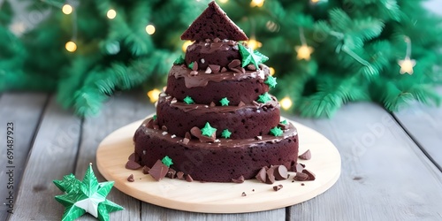 Choc-mint Christmas tree cake, ornaments decoration minimalist on the wooden table 