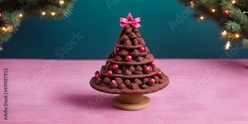 Brownie Christmas tree candy minimalist on the wooden table with bokeh pink lights background with copy space