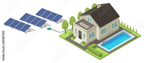 Isometric cottage icon with solar panel. Suburb house composition with swimming pool and lawn  illustration. Infographic element representing suburban building. Private house