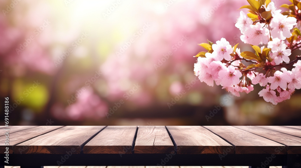 Empty wooden table in Sakura flower Park with garden bokeh background with a country outdoor theme created with Generative Ai