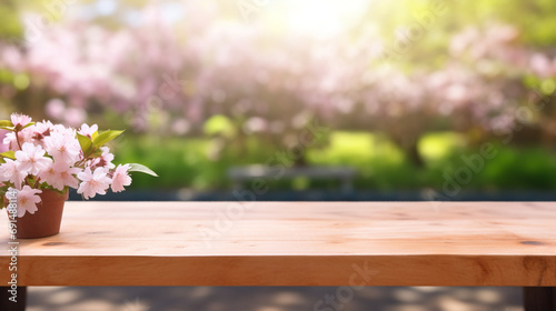 Empty wooden table in Sakura flower Park with garden bokeh background with a country outdoor theme created with Generative Ai © Andrii Yablonskyi