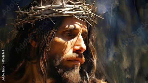 The path of Jesus through the crowd of unbelievers to Calvary. Jesus experiences pain while wearing the crown of thorns.