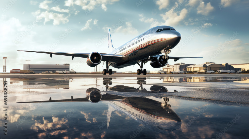 A large passenger plane lands on the runway. Tourism and travel concept.