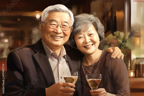- Senior cheerful active elderly Asian couple looking happy sitting in restaurant cafe bar drinking cocktails. Romantic seniors loving pastime lifestyle, good family relationship concept.