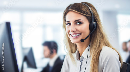 Confident female customer support representative with headset at computer in modern office. photo