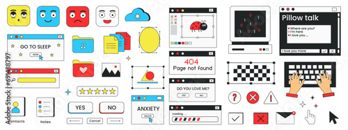 Old computer aestethic elements. Nostalgia for 1990s -2000s. Vector illustration. Retro pc user interface in trendy y2k  style