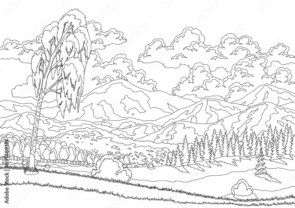 Fototapeta premium Landscape mountains, grasslands meadows and sky with clouds in coloring style. Cartoon flat panorama of spring summer forest. Beautiful nature background. illustration
