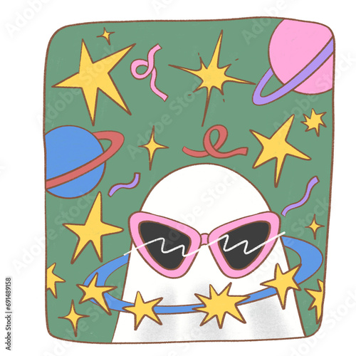 The little ghost wears pink glasses surrounded by stars of various colors. photo