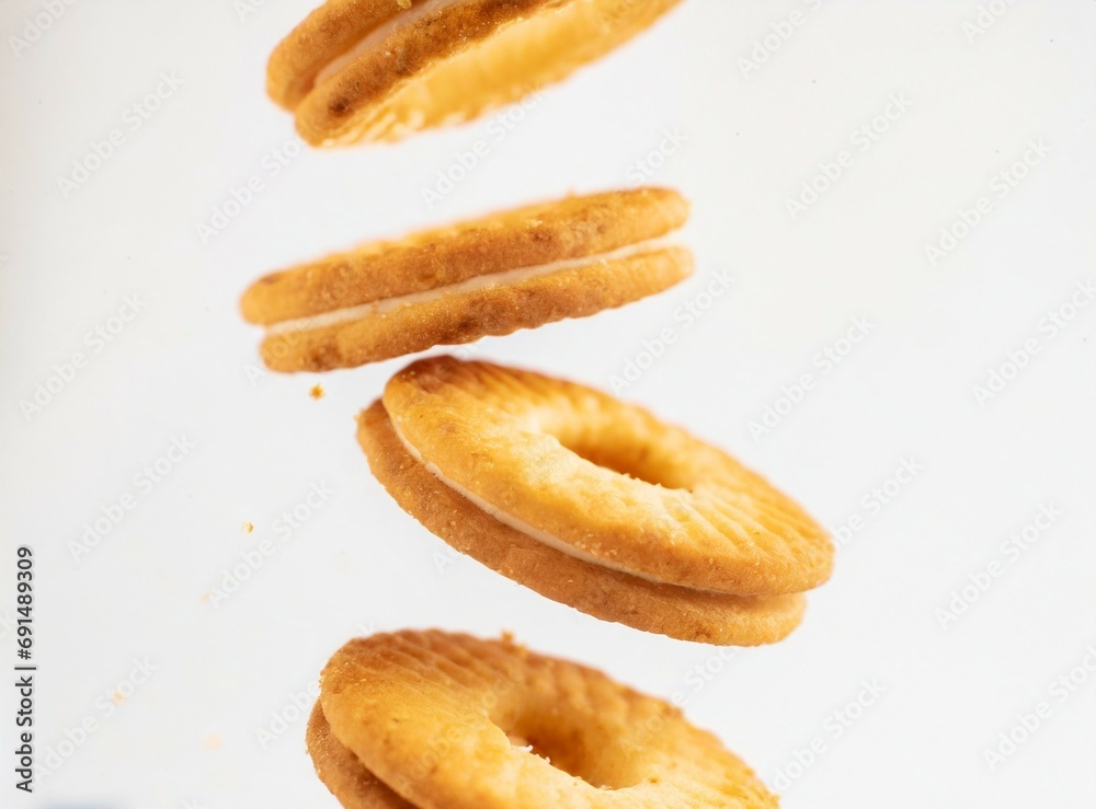 Falling butter cookies isolated on white background
