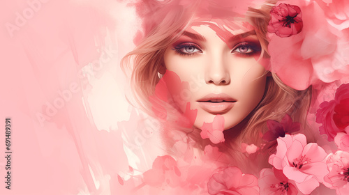 Enchanting Portrait of a Young Woman Adorned with Flowers, Radiating Romantic Pink Hues, Empty Space for Text, Ideal for Greeting Cards or Backgrounds Evoking Tender Sentiments