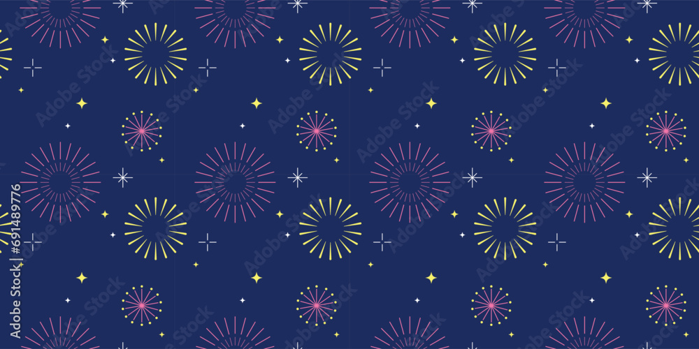 seamless geometric pattern with fireworks, lights, and stars