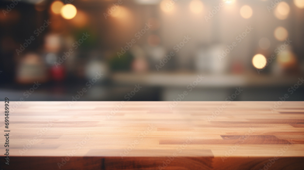 Wood table top on blurred kitchen background created with Generative Ai Wood table top on blurred kitchen background created with Generative Ai