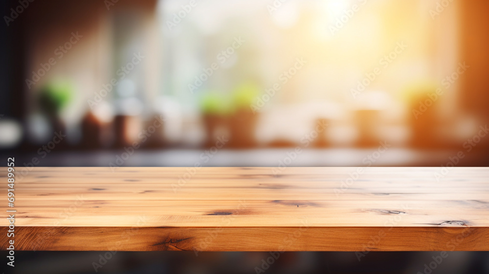Wood table top on blurred kitchen background created with Generative Ai Wood table top on blurred kitchen background created with Generative Ai