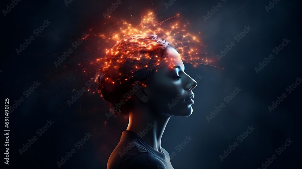 Woman developing her emotional intelligence. Concept exploring the mind, self-discovery, introspection, thinking process. - obrazy, fototapety, plakaty 