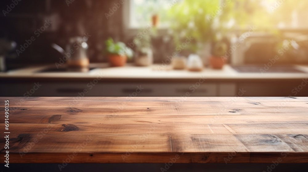Wood table top on blurred kitchen background created with Generative Ai