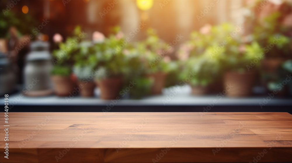 Wood table top on blurred kitchen background created with Generative Ai Wood table top on blurred kitchen background created with Generative Ai