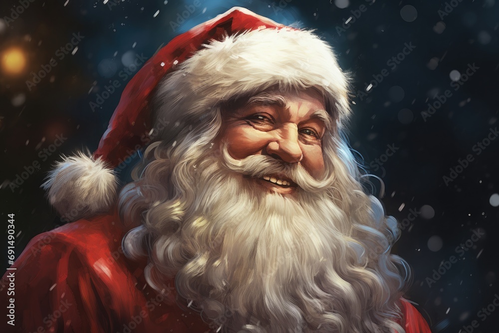 Artistic portrayal of Santa Claus Smiling, highlighted by falling snowflakes and his classic red attire Artistic portrayal of Santa Claus Smiling, highlighted by falling snowflakes and his classic red attire