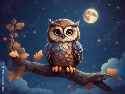 Cute cartoon owl sits on a branch at night in the sky with the moon and stars