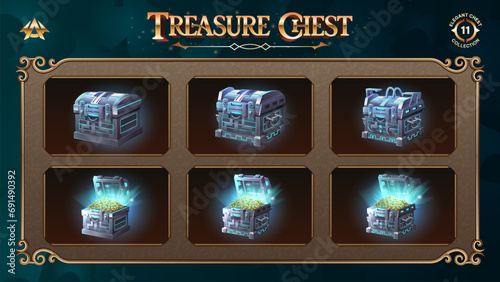 Open and Closed Treasure Chests Collection With Green and Gold Coin-From Basic to Upgraded Levels for RPG, Fantasy, and Medieval Games-Vector illustration Design