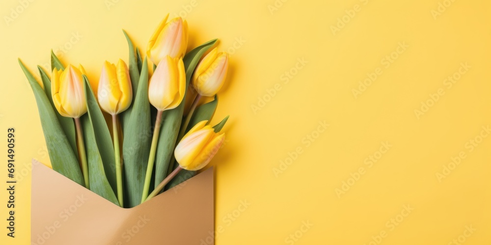 Fresh tulips in a craft envelope on a yellow background Fresh tulips in a craft envelope on a yellow background