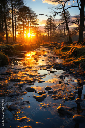  Golden Sunset over Spring Stream With Budding Trees Along the  Banks  Forest Creek