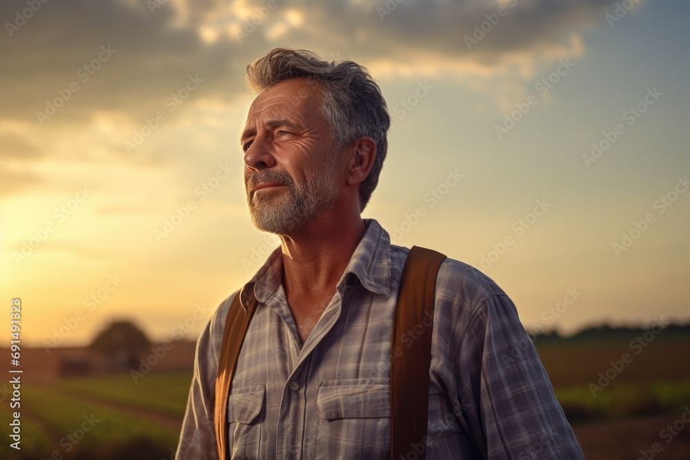 Portrait of a seasoned farmer with a weathered expression, standing in the field at sunset, with warm golden light illuminating his face