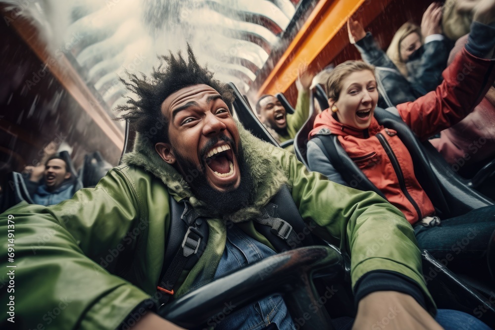 Group of diverse friends screaming with excitement on a roller coaster ride at an amusement park, capturing the thrill and adrenaline