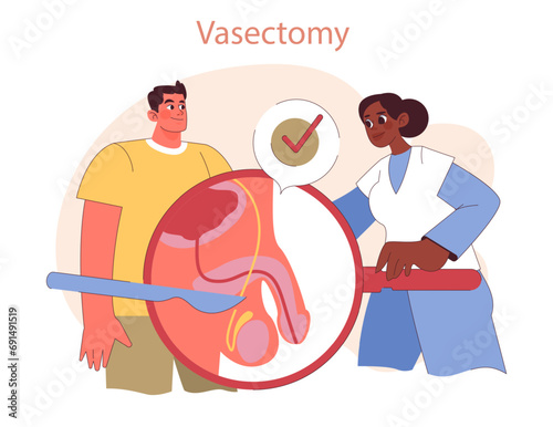 Types of Contraception. Man considers vasectomy under healthcare professionals guidance, a permanent birth control method. Flat vector illustration