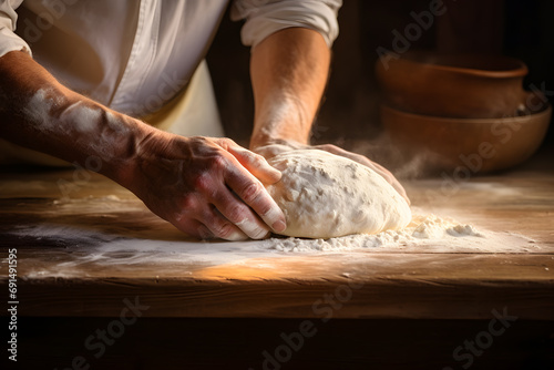 Man's hands rolling the dough. Bread baking concept photo photo