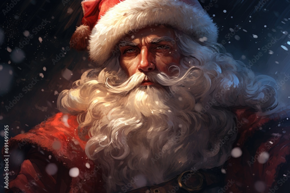 Artistic portrayal of Santa Claus with a mysterious aura, highlighted by falling snowflakes and his classic red attire. Artistic portrayal of Santa Claus with a mysterious aura, highlighted by falling snowflakes and his classic red attire.