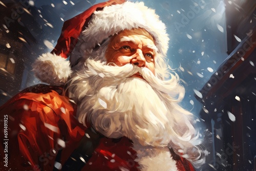 Artistic portrayal of Santa Claus with a mysterious aura, highlighted by falling snowflakes and his classic red attire.