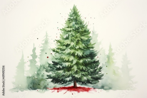 An artistic watercolor painting of a Christmas tree, adorned with a bright red star topper, amidst a flurry of delicate snowflakes © ChaoticMind