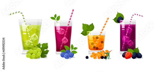 Berry juice in glass with straw ice cubes refreshment beverage set isometric vector illustration