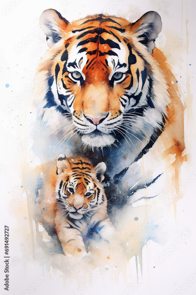 Tiger, Sibirische katze, Water Colour Art on white background, Ratio 2:3