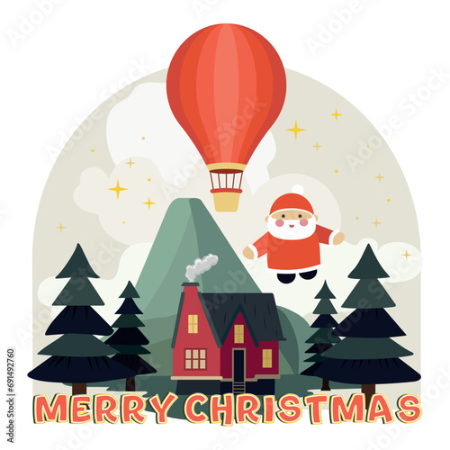 Santa Claus in the forest against the backdrop of mountains and a winter chalet. Hot air balloon in the mountains with fir trees. Christmas landscape. New Year, Christmas card, print on a T-shirt or d