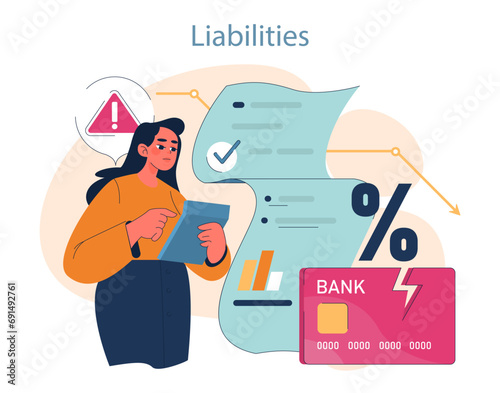 Understanding Financial Liabilities. Thoughtful woman reviews financial document amidst decreasing interest rates and credit card concerns. Navigating economic challenges. Flat vector illustration.