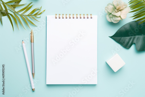 Top view of notebook and pen and pencil and space for text. photo