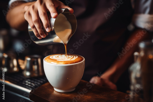 Barista's hands pouring hot milk in coffee into cup.