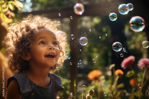Portrait of adorable child girl with soap bubbles in garden with flowers.
