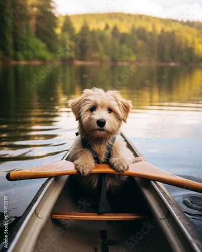 cachorrinho fofo em uma canoa as margens do lago - Papel de parede photo