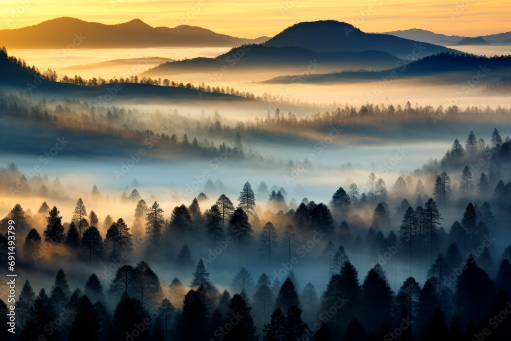 Fototapeta premium Paisaje aéreo de bosque con niebla al amanecer.