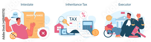 Inheritance set. Estate planning, tax considerations, and executor duties. Testament administration, property transferring paper. Flat vector illustration. photo