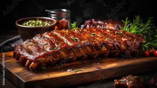 Wallpaper Mural 
Fried and smoked ribs with barbecue sauce on a threaded board Torontodigital.ca