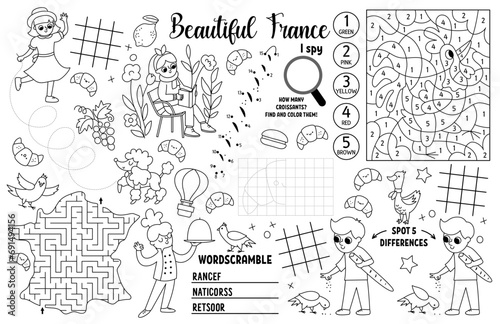 Vector France placemat for kids. French printable activity mat with maze, tic tac toe chart, connect the dots, find difference. Black and white play mat, coloring page with Eiffel Tower, croissant